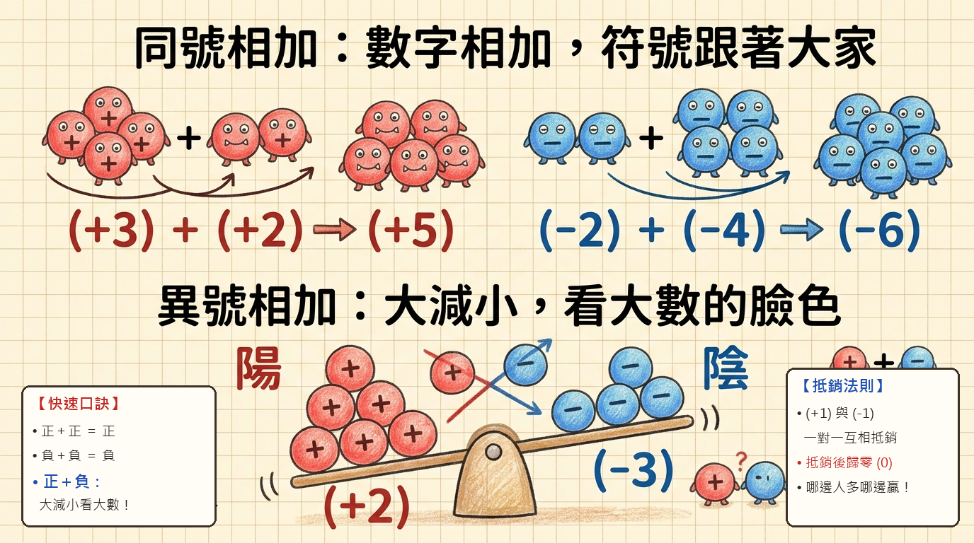 整數的加法運算（同號數相加與異號數相加） 手繪圖解