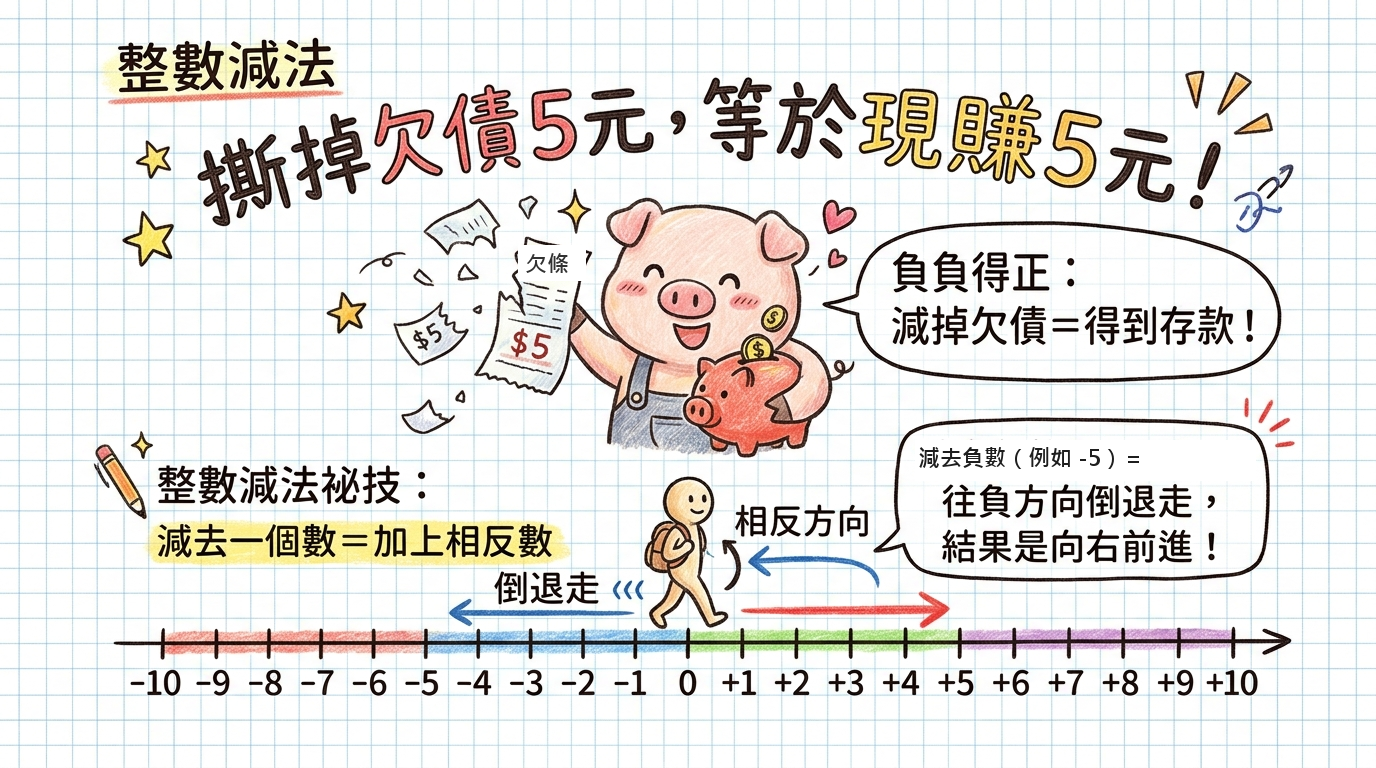 整數的減法運算（減去一個數＝加上相反數） 手繪圖解