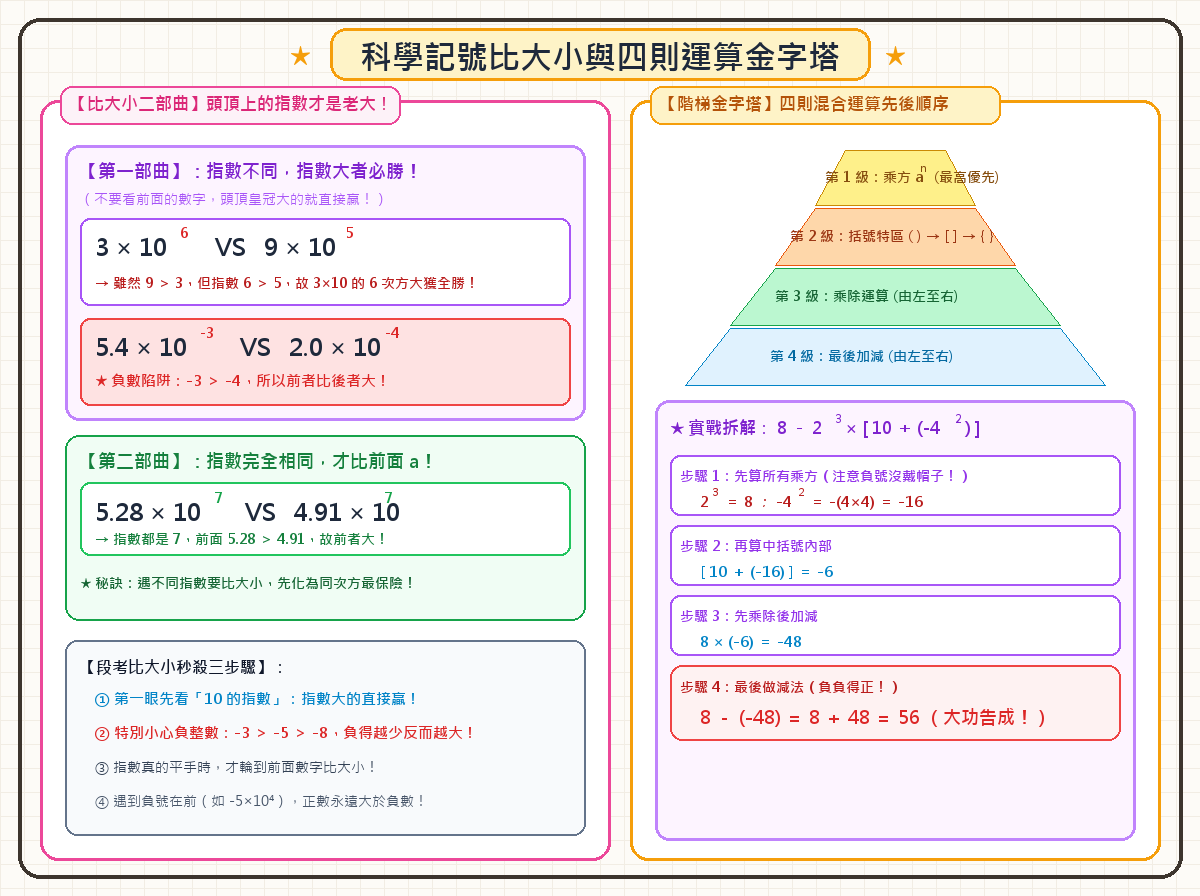 科學記號比大小與含乘方四則混合手繪圖解