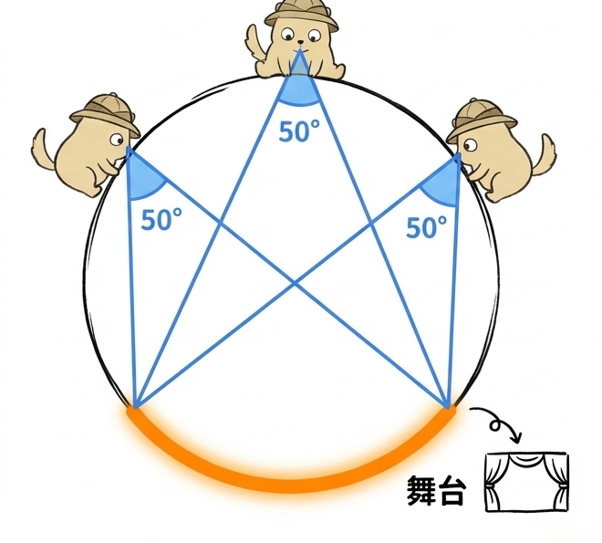 同弧等角與半圓直角：劇場看台同視角
