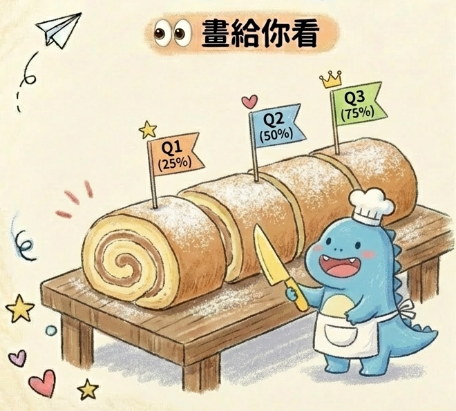 瑞士捲切蛋糕：第 1、2、3 四分位數 (Q1, Q2, Q3)