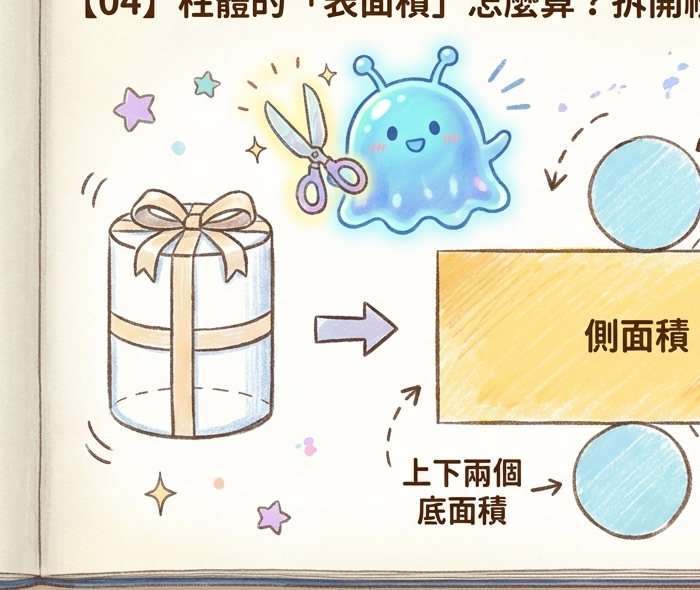 拆開禮物包裝紙：柱體的表面積計算 (側面展開 + 2底面)