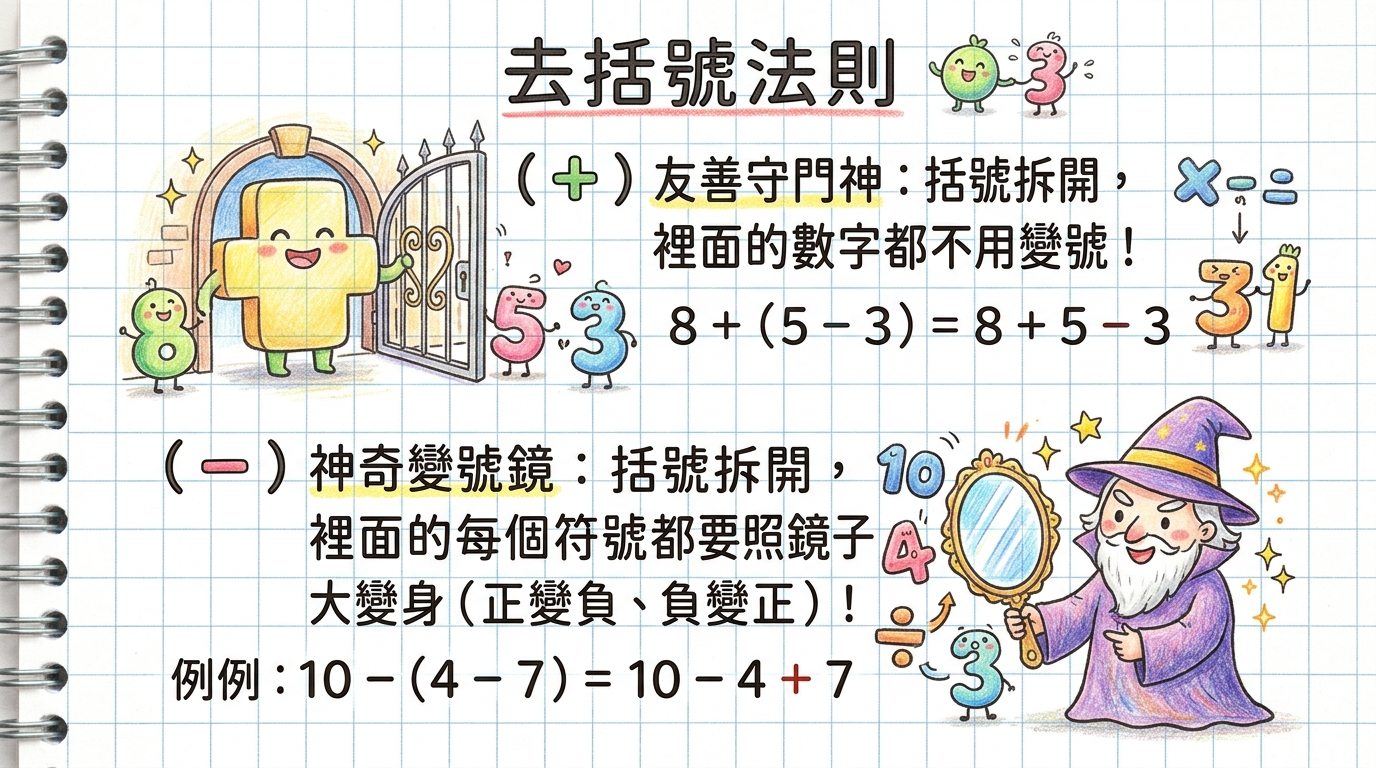 加減混合運算與去括號規則 手繪圖解