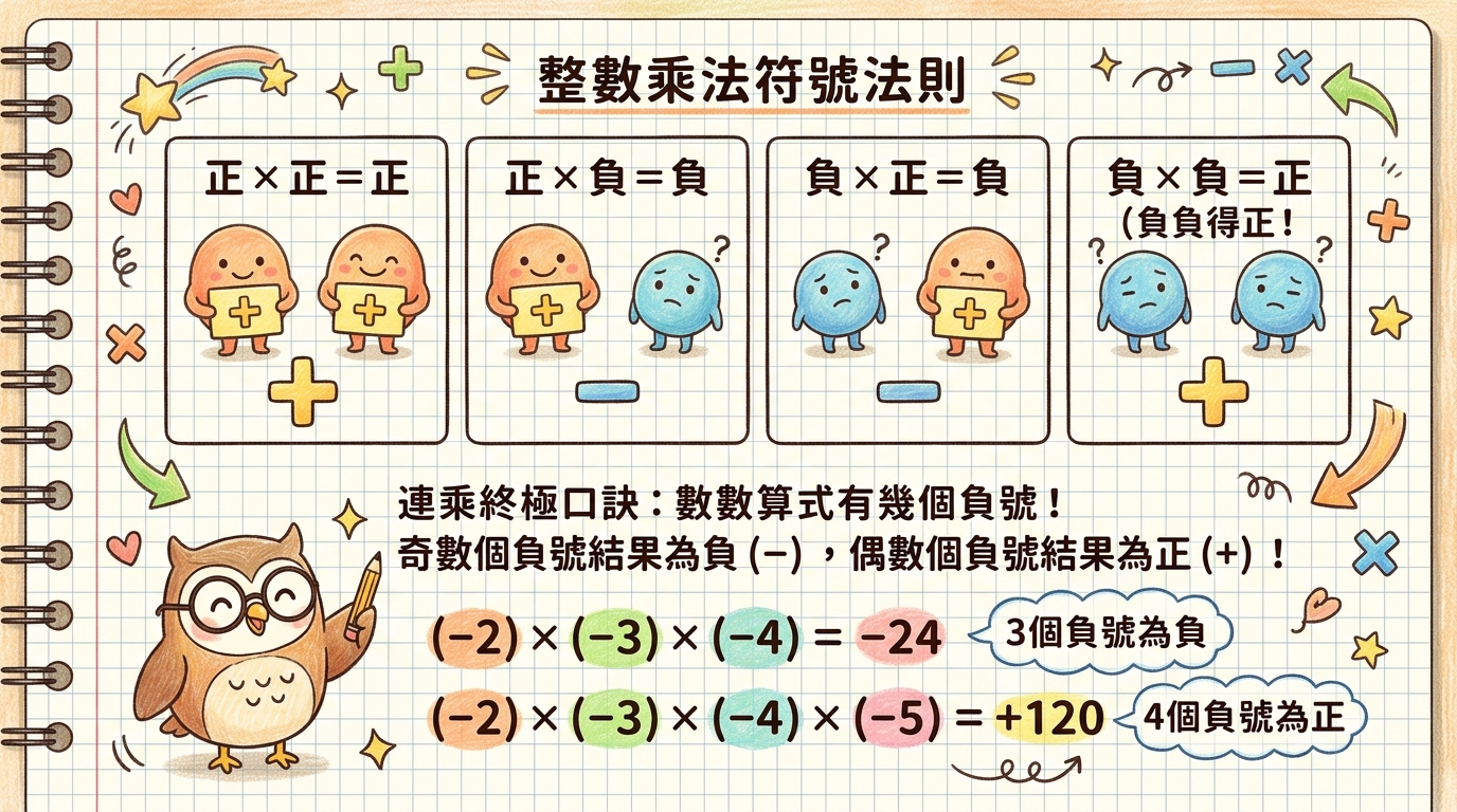 整數乘法符號法則與連乘手繪圖解