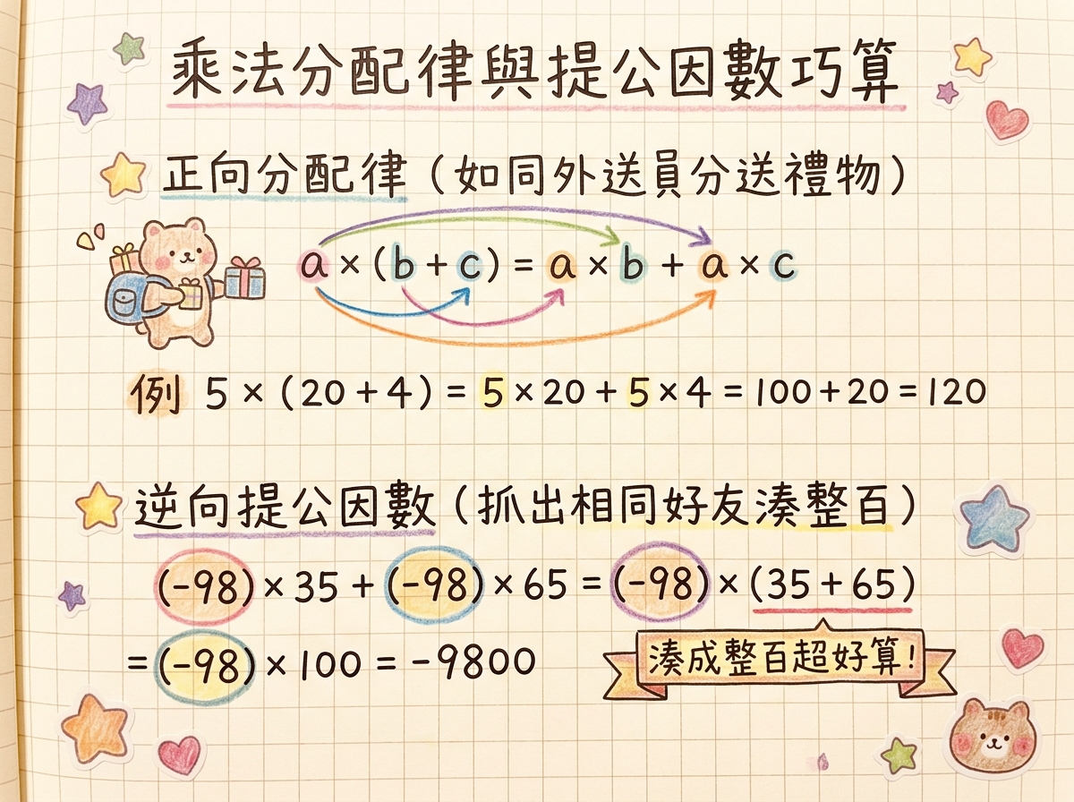 乘法分配律與提公因數巧算手繪圖解