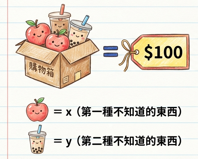購物箱與二元未知數手繪插圖
