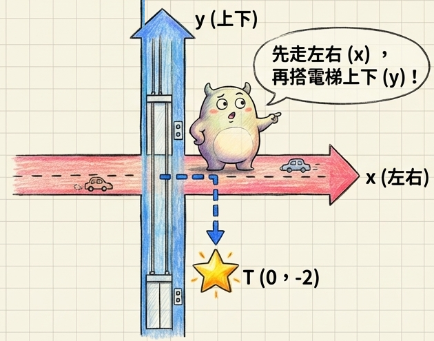 坐標馬路與電梯手繪插圖