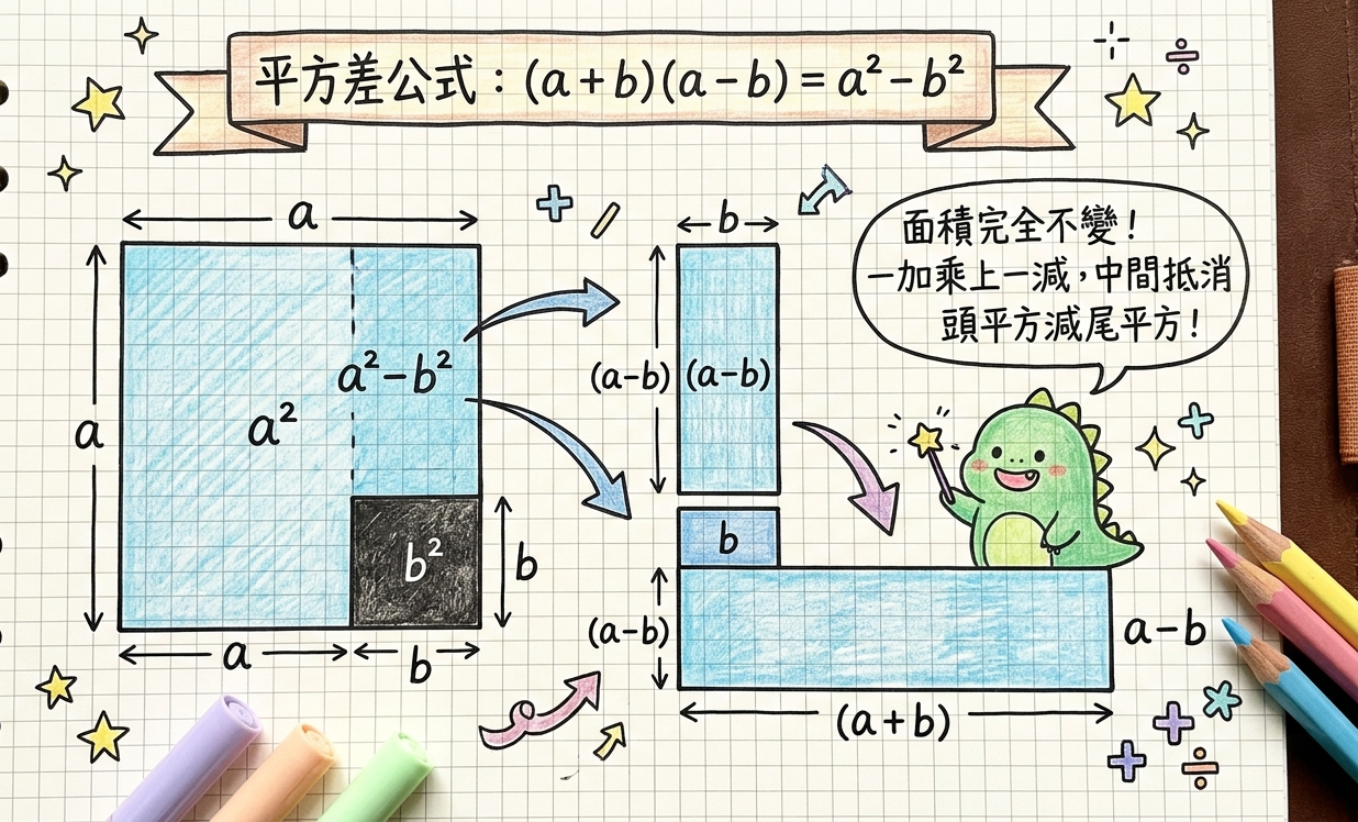 平方差公式：拼圖平移與速算秘笈